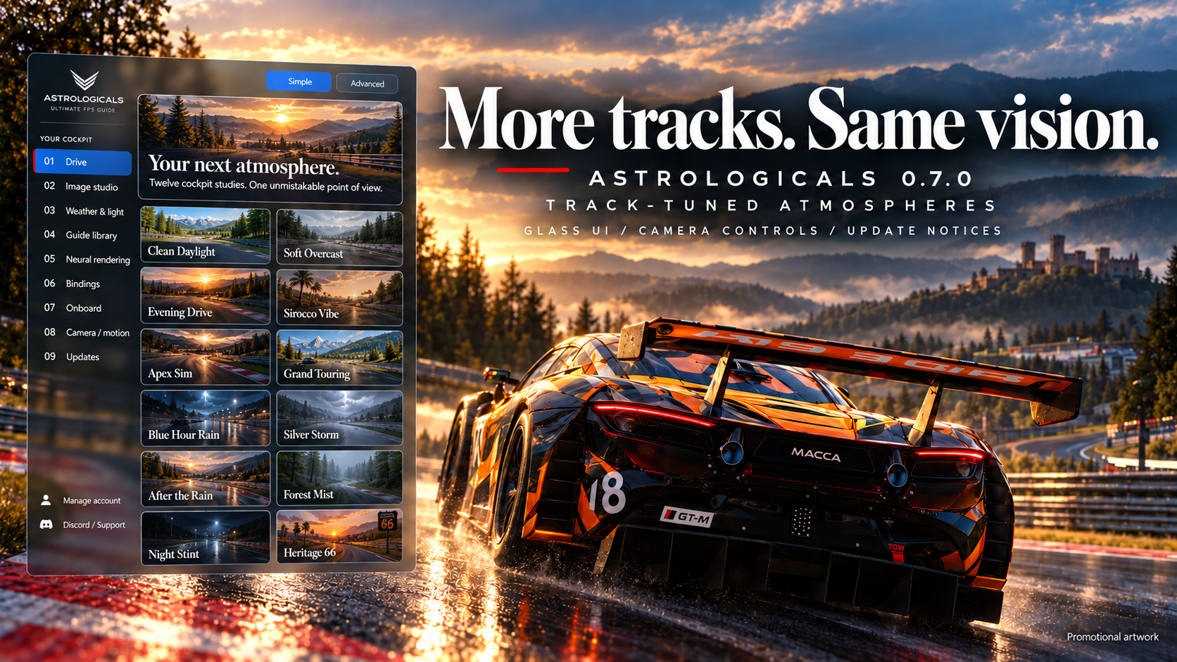 Astrologicals promotional artwork showing the Drive interface and a car on a wet circuit